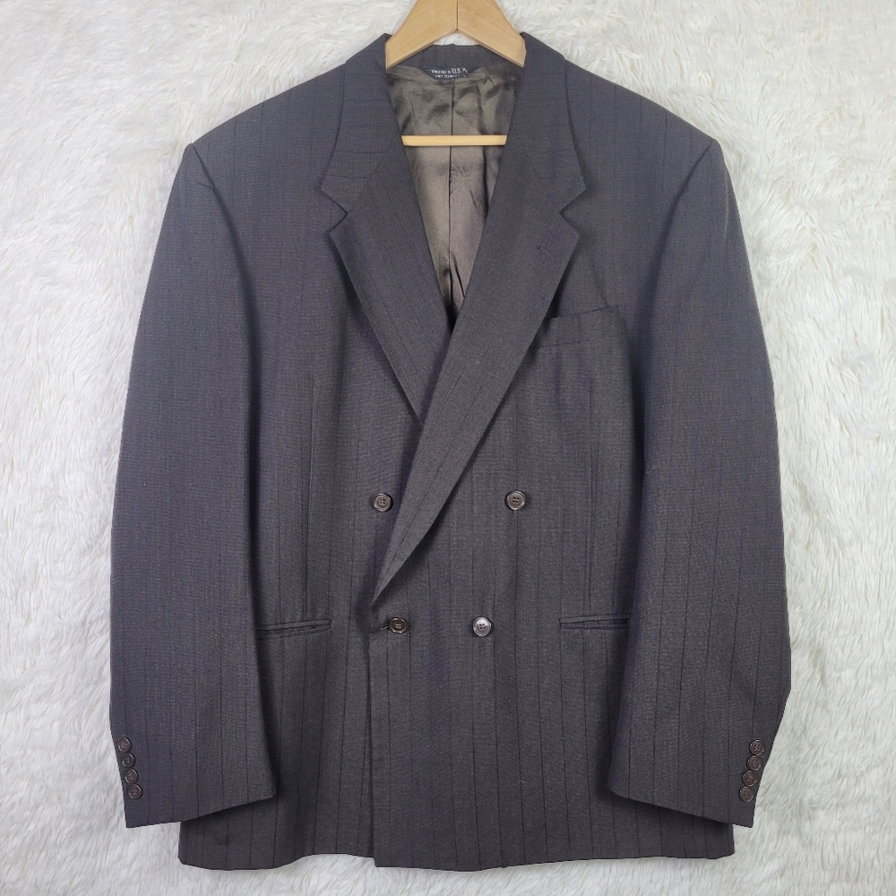 Vtg 44L Botany 500 Men's Dark Brown Striped Double Breasted Blazer